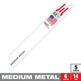 Milwaukee 48-00-5182 SAWZALL Reciprocating Saw Blades, 6 in., 14 TPI, Medium Metal, Bi-Metal, 5-Pack
