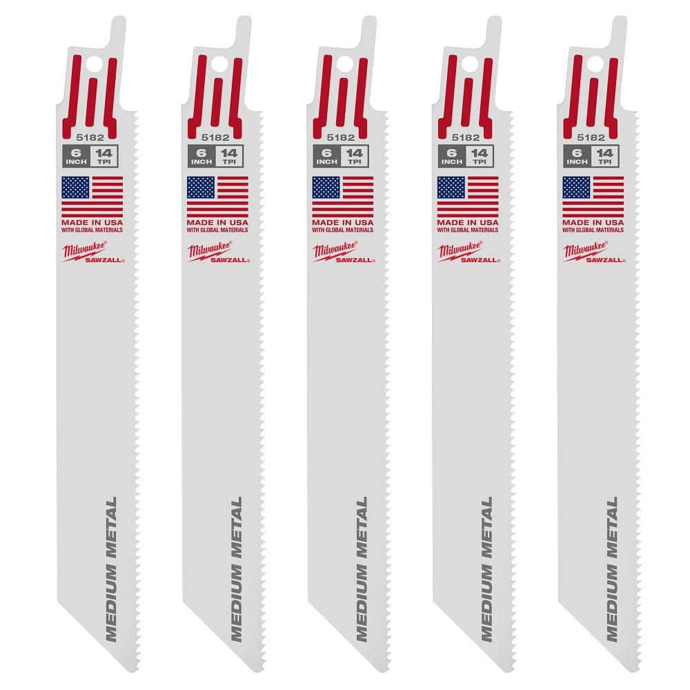 Milwaukee 48-00-5182 SAWZALL Reciprocating Saw Blades, 6 in., 14 TPI, Medium Metal, Bi-Metal, 5-Pack