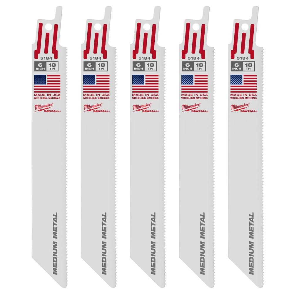 Milwaukee 48-00-5184 SAWZALL 6 in. 18 TPI Medium Metal Bi‑Metal Reciprocating Saw Blades (5-Pack)