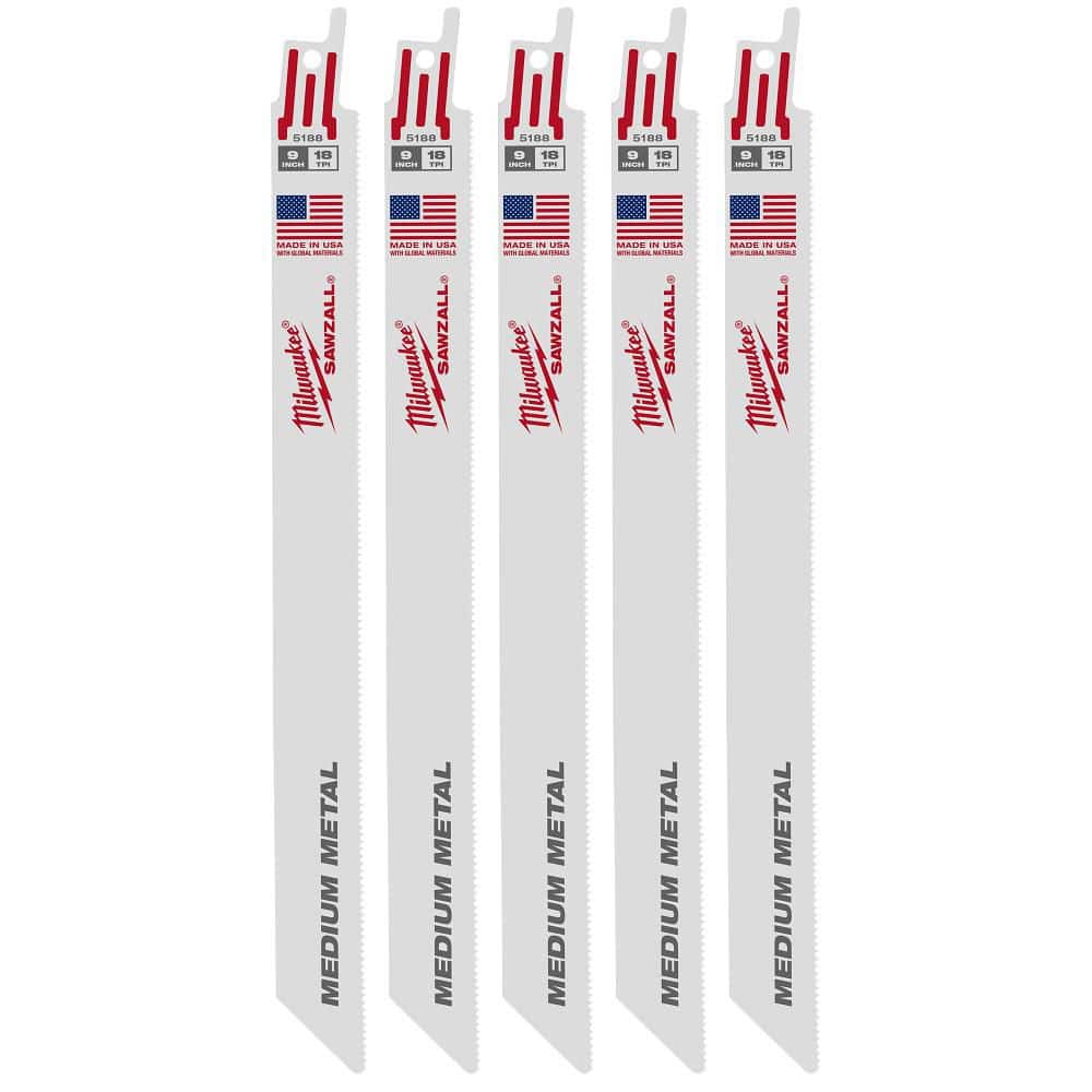 Milwaukee 9 in. 18 TPI Medium Metal-Cutting SAWZALL Reciprocating Saw Blades, Thin Kerf, 5-Pack (48-00-5188)
