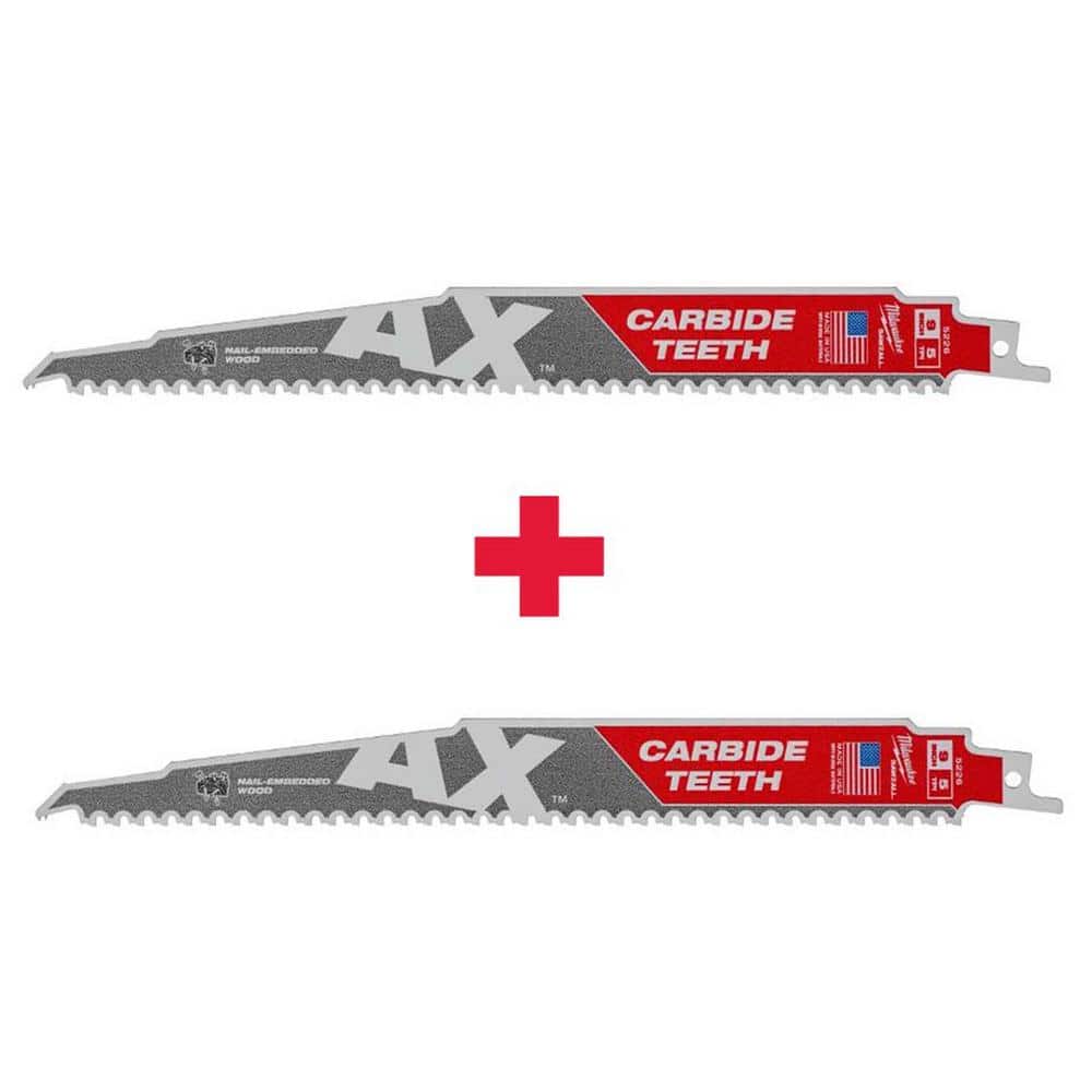 Milwaukee 9 in. 5 TPI THE AX Carbide Teeth Reciprocating Saw Blades for Nail-Embedded Wood, 2-Pack