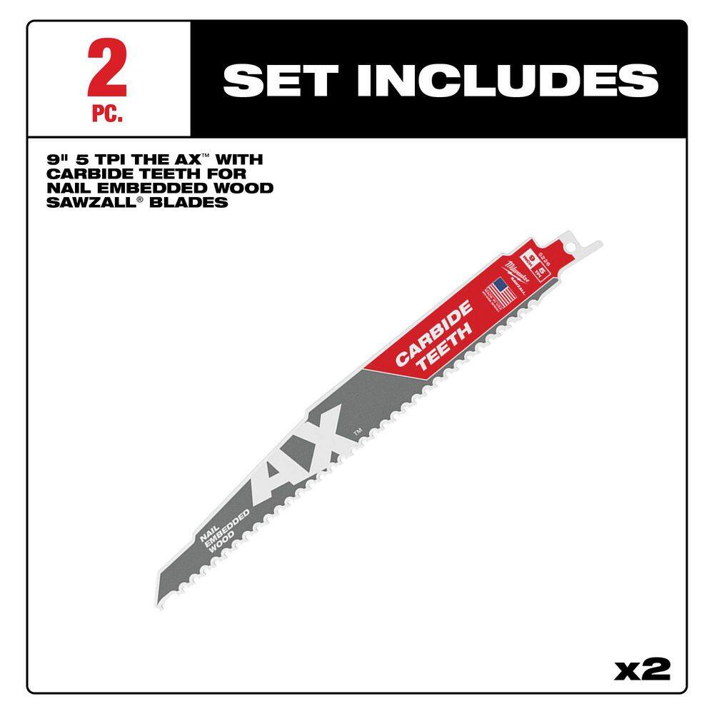 Milwaukee 9 in. 5 TPI THE AX Carbide Teeth Reciprocating Saw Blades for Nail-Embedded Wood, 2-Pack