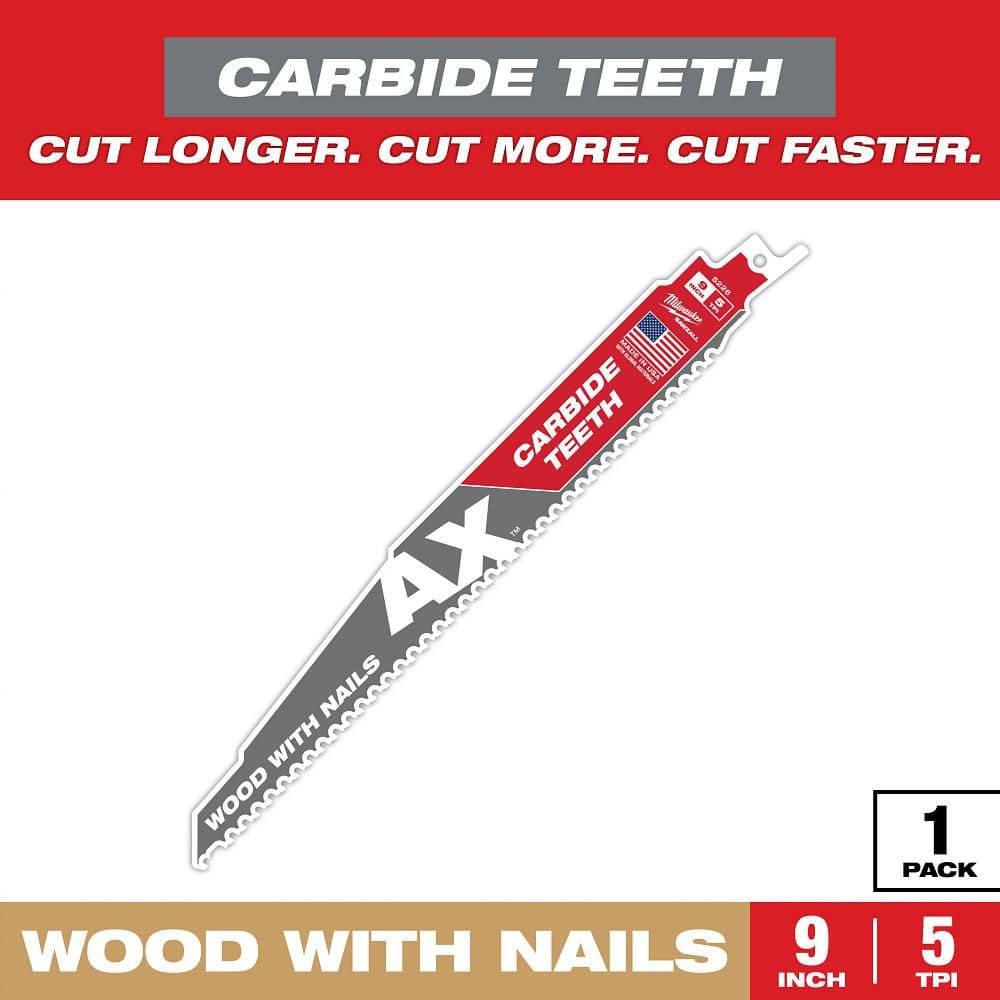 Milwaukee 9 in. 5 TPI AX Carbide Teeth Demolition Nail‑Embedded Wood Cutting SAWZALL Reciprocating Saw Blade, 1‑Pack
