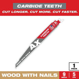 Milwaukee 9 in. 5 TPI AX Carbide Teeth Demolition Nail‑Embedded Wood Cutting SAWZALL Reciprocating Saw Blade, 1‑Pack