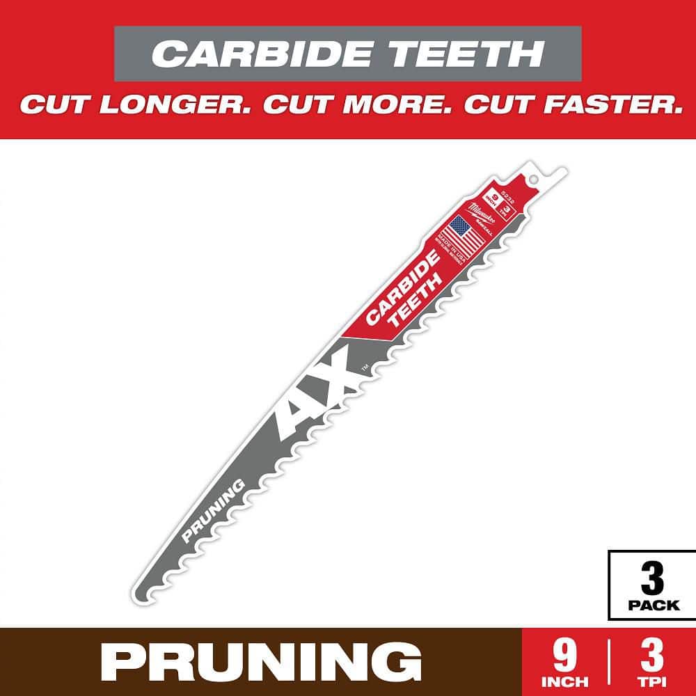 Milwaukee 9 in. 3 TPI AX Pruning Carbide Teeth SAWZALL Reciprocating Saw Blades (3-Pack)