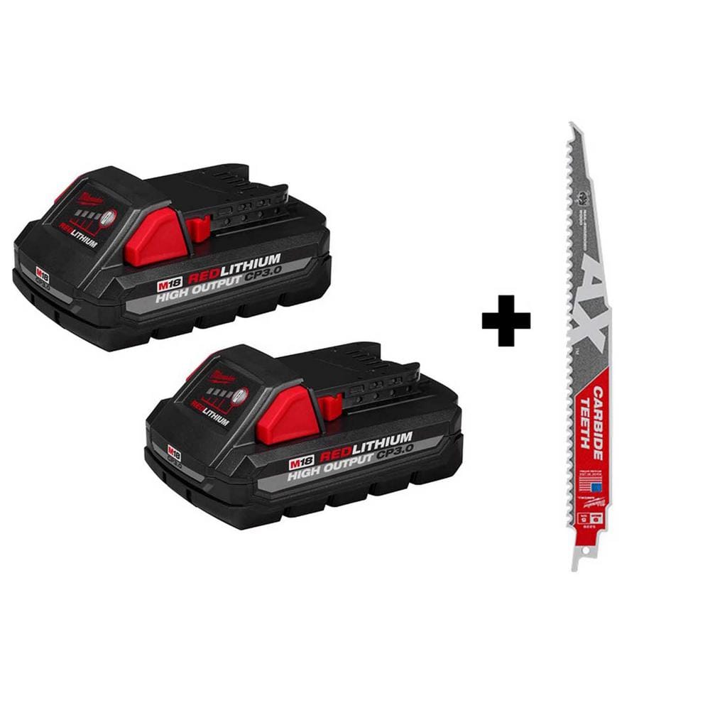 Milwaukee M18 18-Volt REDLITHIUM HIGH OUTPUT CP3.0 Battery Pack (2-Pack) with 9 in. 5 TPI AX Carbide Reciprocating Saw Blade