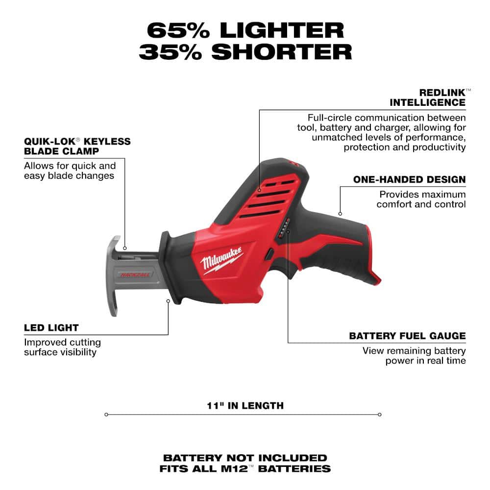 Milwaukee M12 12V Lithium-Ion HACKZALL Cordless Reciprocating Saw, 11 in Length, 1/2 in Stroke (Tool-Only)