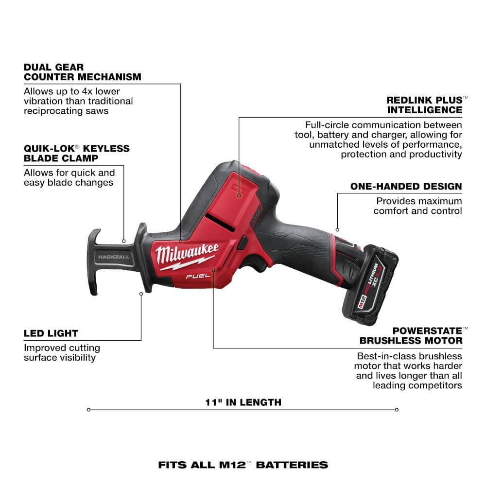 Milwaukee M12 FUEL 12V Lithium-Ion Brushless Cordless HACKZALL Reciprocating Saw (Tool-Only) with SAWZALL Blade Set (25-Piece)