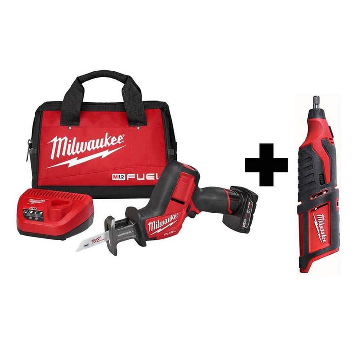 Milwaukee M12 FUEL 12V Lithium-Ion Brushless Cordless HACKZALL Reciprocating Saw Kit with M12 Rotary Tool (2520-21XC/2460-20)