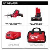 Milwaukee M12 FUEL 12V Li-Ion Brushless Cordless HACKZALL Reciprocating Saw Kit with (1) XC 4.0Ah Battery, Charger, Contractor Bag & 25‑Pc Blade Set