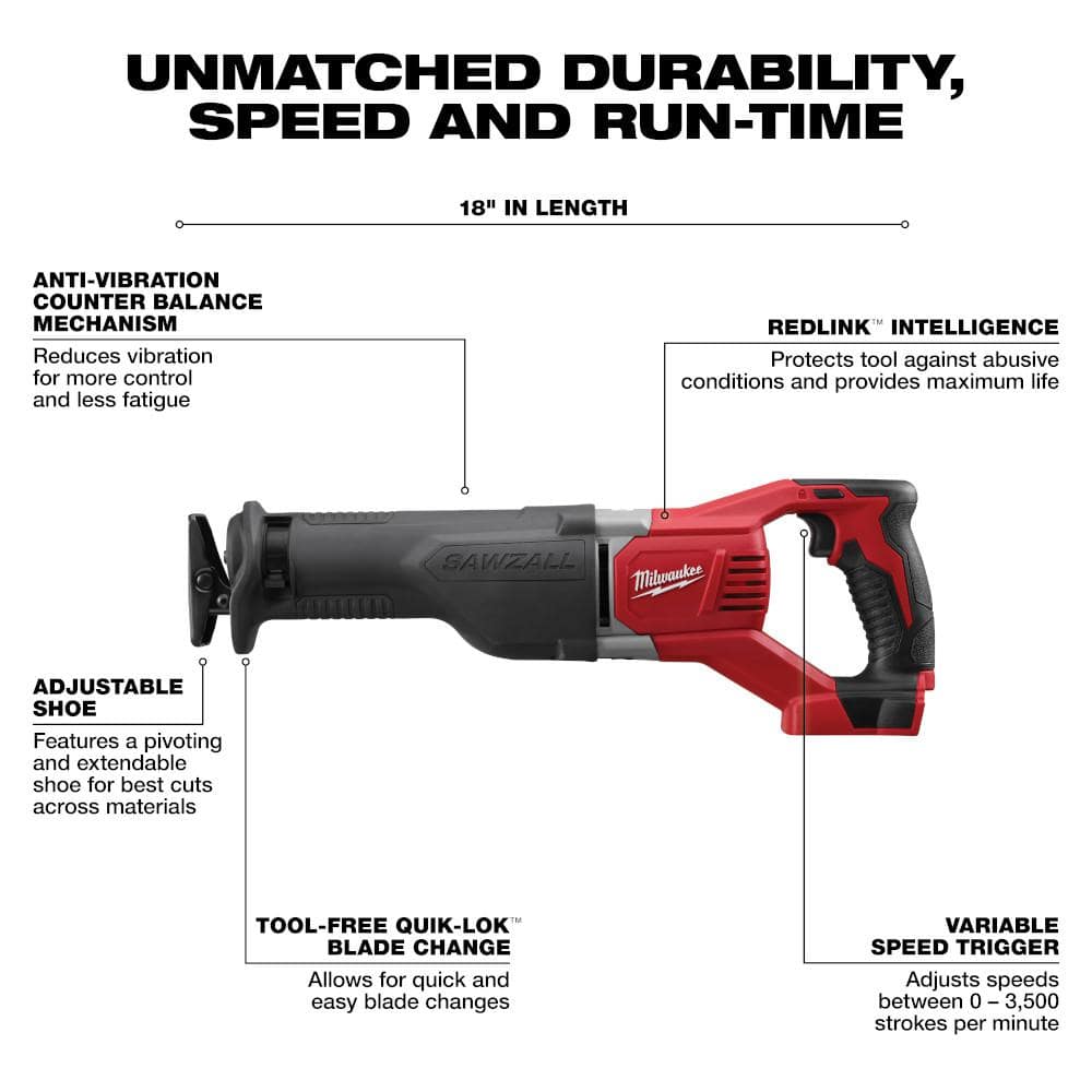 Milwaukee M18 18V Lithium-Ion Cordless SAWZALL Reciprocating Saw with Two 3.0Ah Batteries