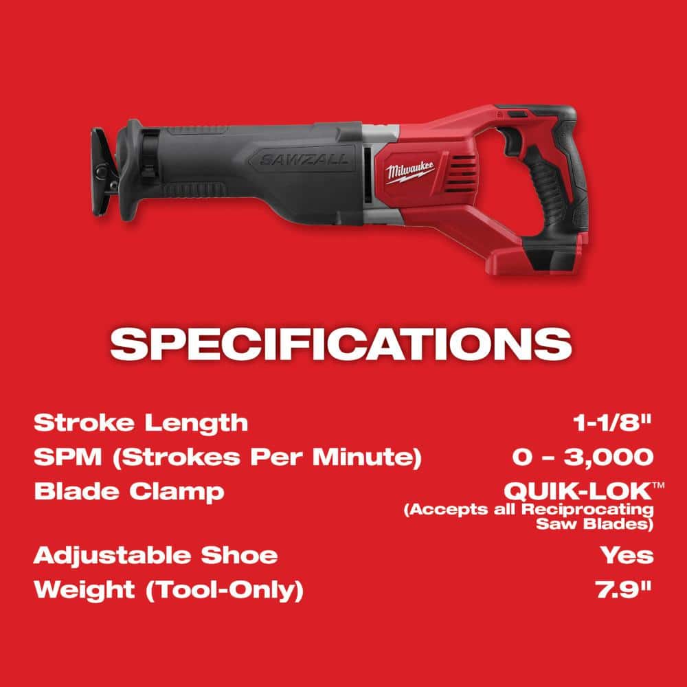 Milwaukee M18 18-Volt Lithium-Ion Cordless SAWZALL Reciprocating Saw (Tool-Only), 1-1/8 in. Stroke