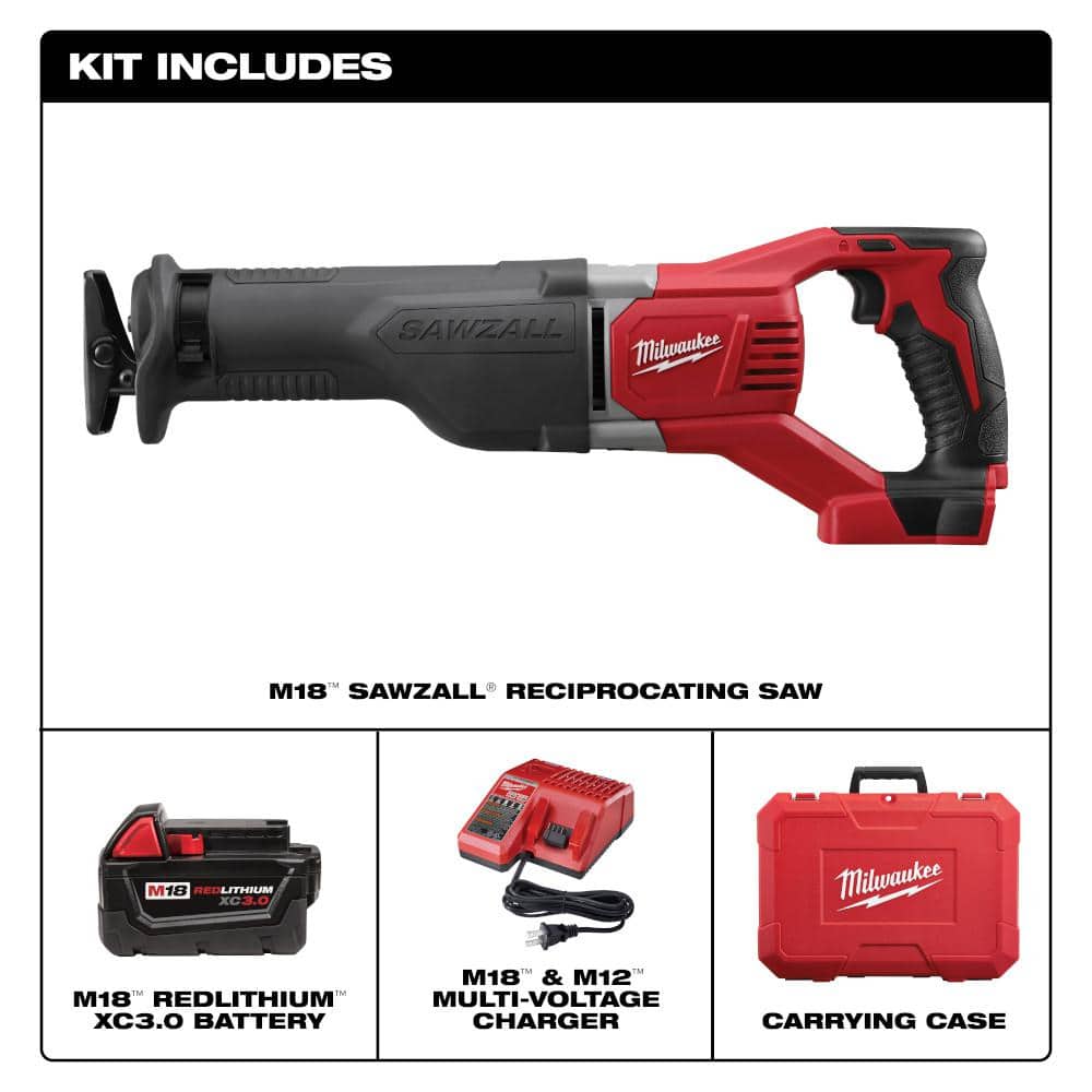 Milwaukee M18 18V Lithium-Ion Cordless SAWZALL Reciprocating Saw with 3.0Ah Battery and Charger