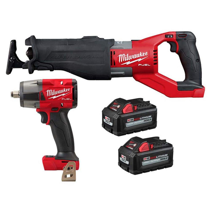 Milwaukee M18 FUEL 18V Brushless Cordless Super SAWZALL Reciprocating Saw with 1/2 in. Mid‑Torque Impact Wrench and (2) High Output XC6.0 Batteries