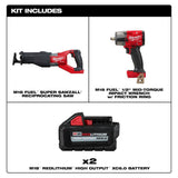 Milwaukee M18 FUEL 18V Brushless Cordless Super SAWZALL Reciprocating Saw with 1/2 in. Mid‑Torque Impact Wrench and (2) High Output XC6.0 Batteries