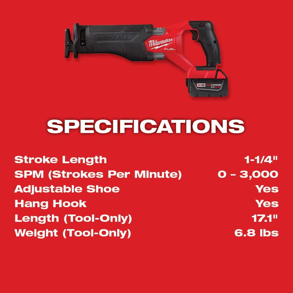 Milwaukee M18 FUEL 18V Brushless Cordless SAWZALL Reciprocating Saw Kit with 5.0Ah Battery, Charger and Case