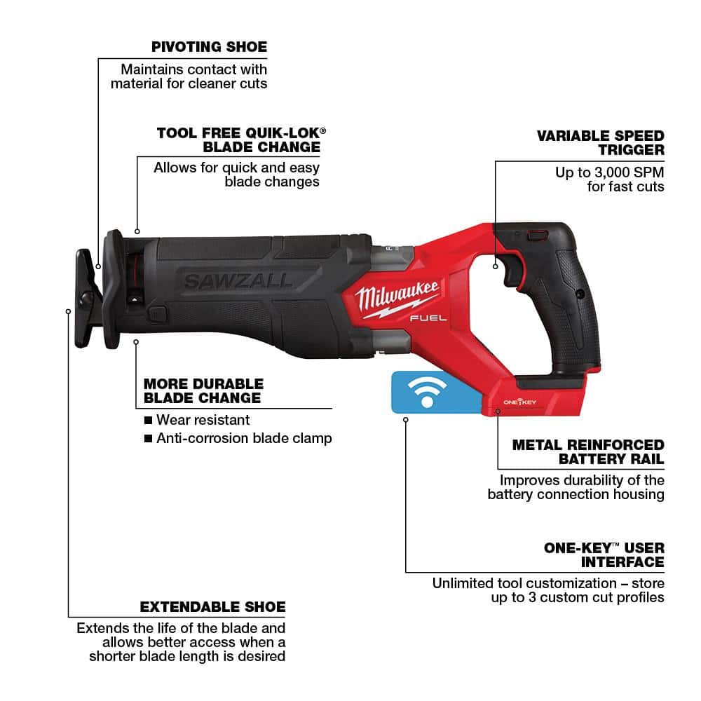 Milwaukee M18 FUEL ONE-KEY 18V Lithium-Ion Brushless Cordless SAWZALL Reciprocating Saw, Tool-Only (Model 2822-20)