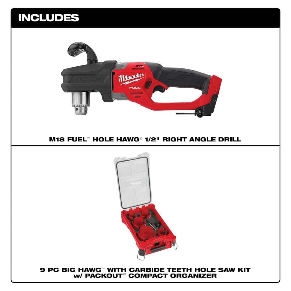Milwaukee M18 FUEL GEN II 18V Brushless 1/2 in. HOLE HAWG Right Angle Drill with 9‑Piece PACKOUT Hole Saw Kit (Tool‑Only)