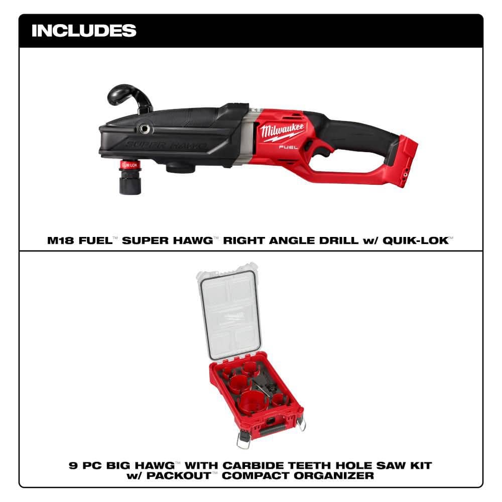 Milwaukee M18 FUEL 18-Volt Lithium-Ion Brushless Cordless GEN 2 SUPER HAWG 7/16 in. Right Angle Drill with 9pc PACKOUT Hole Saw Kit