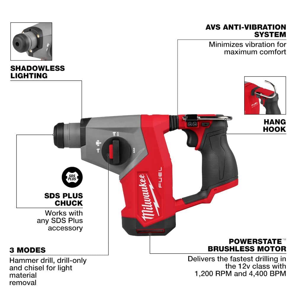 Milwaukee M12 FUEL 12V Lithium‑Ion Brushless Cordless 5/8 in. SDS‑Plus Rotary Hammer Drill (Tool‑Only)