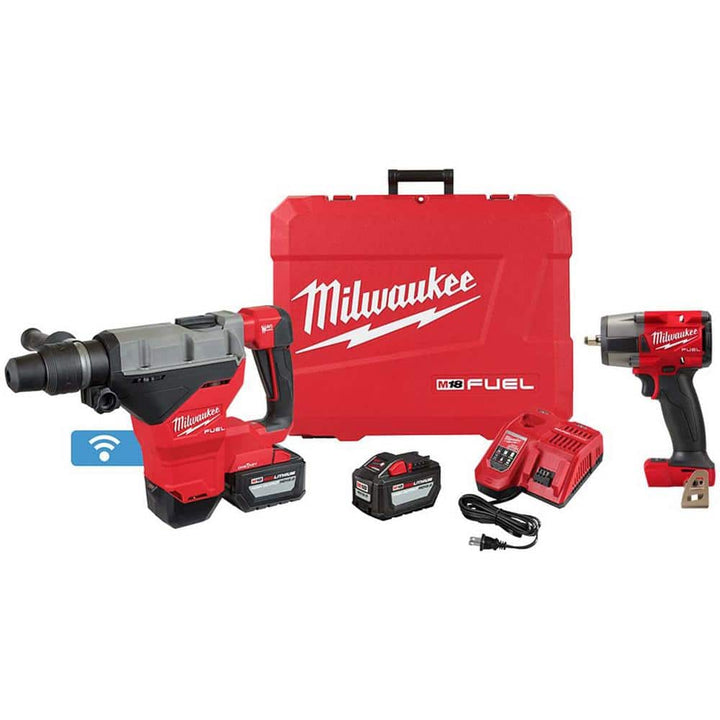 Milwaukee M18 FUEL 18V Lithium-Ion Brushless 1-9/16 in. SDS-Max Rotary Hammer Kit with 2 Batteries & M18 3/8 in. Impact Wrench