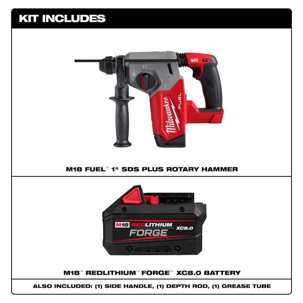 Milwaukee M18 FUEL 18V Lithium-Ion Brushless 1 in. SDS-Plus Rotary Hammer Kit with M18 REDLITHIUM FORGE XC 8.0Ah Battery