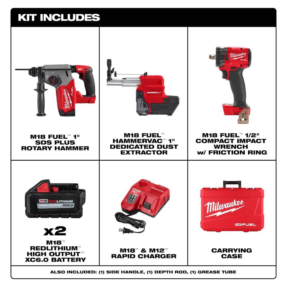 Milwaukee M18 FUEL 18V Lithium-Ion Brushless 1 in. Cordless SDS-Plus Rotary Hammer Kit with 1/2 in. Compact Impact Wrench