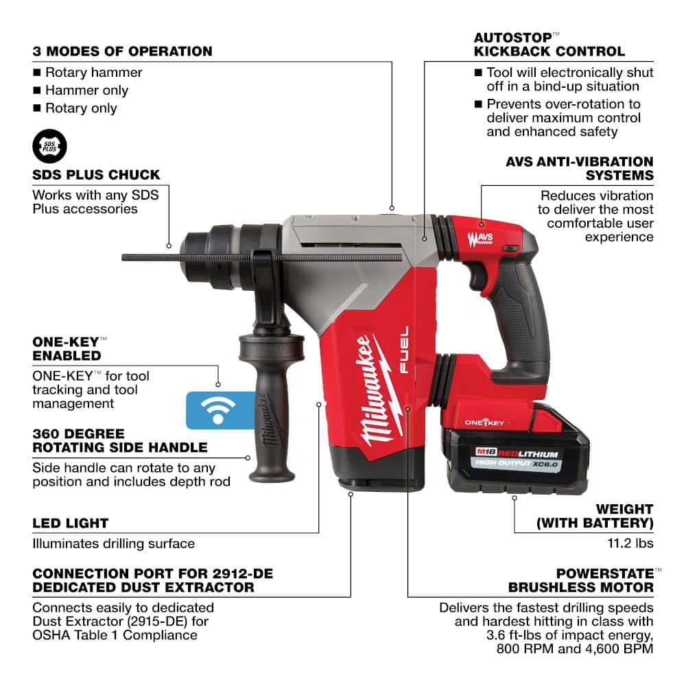 Milwaukee M18 FUEL 18V Lithium-Ion Brushless 1-1/8 in. Cordless SDS-Plus Rotary Hammer/Dust Extractor Kit & Oscillating Multi-Tool