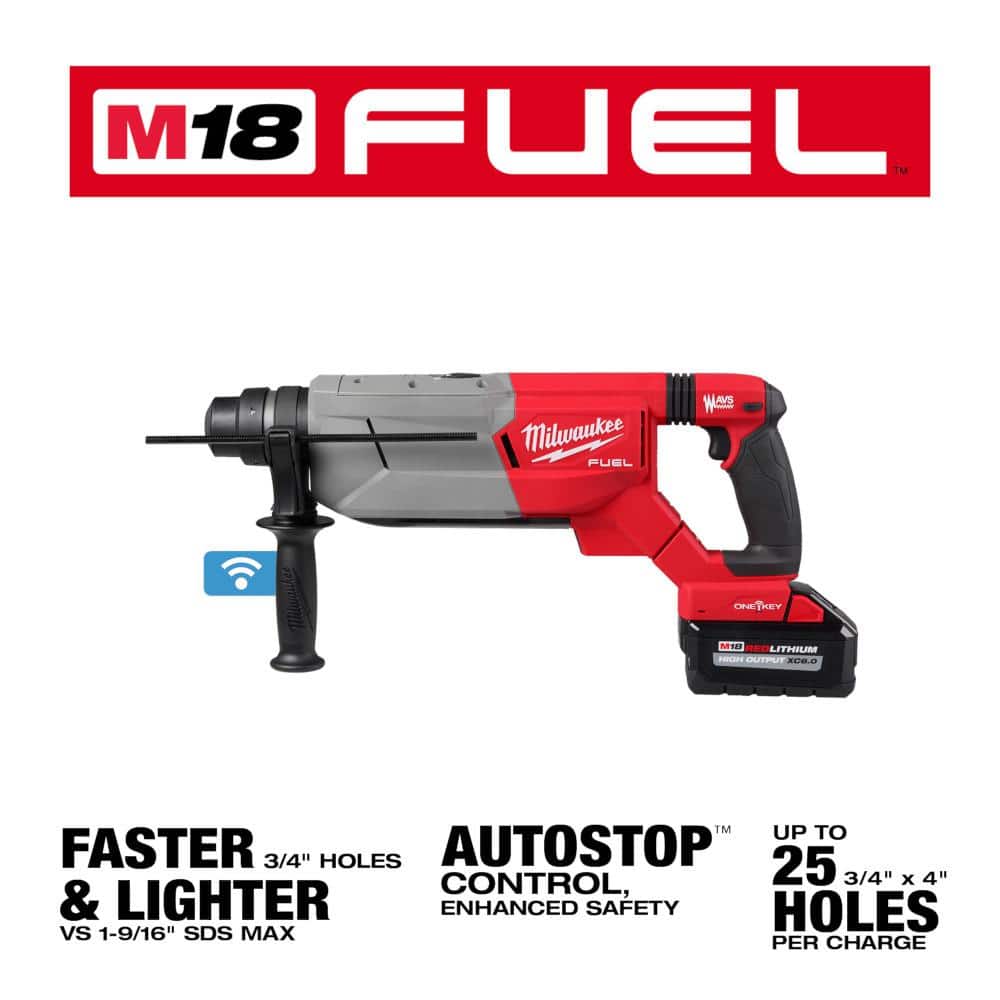 Milwaukee M18 FUEL ONE-KEY 18V Lithium-Ion Brushless Cordless 1-1/4 in. SDS-Plus D-Handle Rotary Hammer Kit w/(3) 6.0 Ah Batteries
