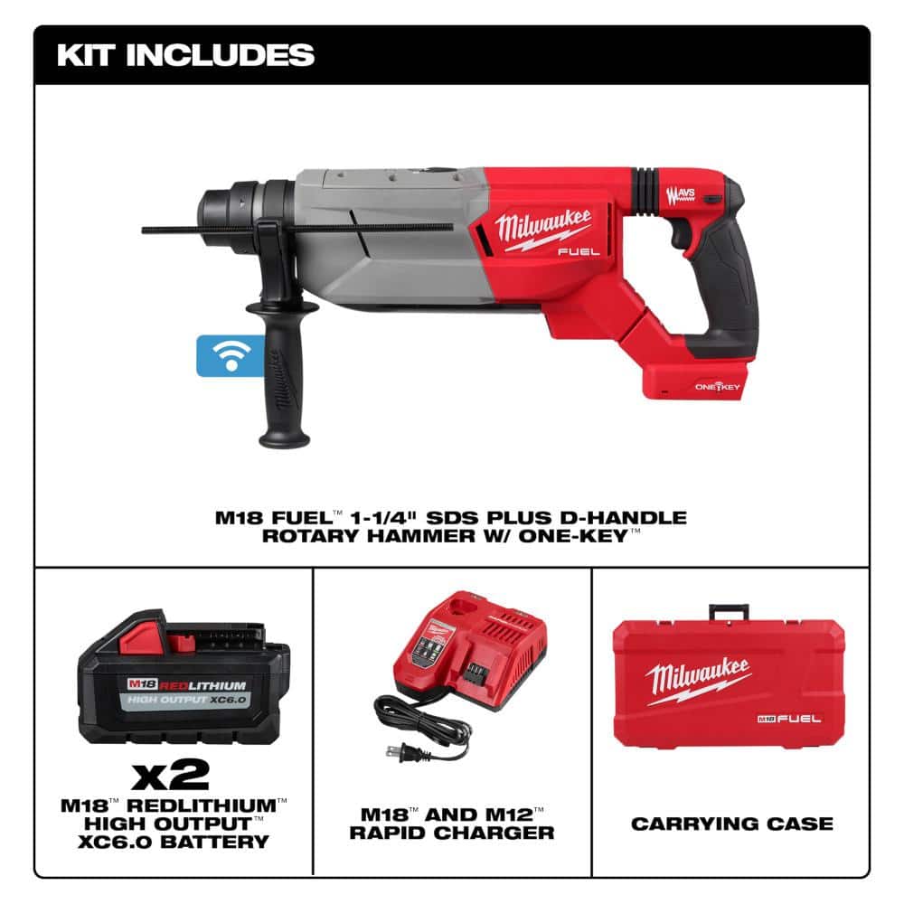 Milwaukee M18 FUEL ONE-KEY 18V Lithium-Ion Brushless Cordless 1-1/4 in. SDS-Plus D-Handle Rotary Hammer Kit w/(3) 6.0 Ah Batteries