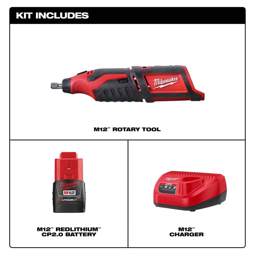 Milwaukee M12 12V Lithium-Ion Cordless Rotary Tool Kit with CP2.0 Battery and M12 Charger, 5,000–32,000 RPM