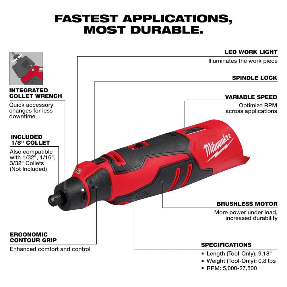 Milwaukee M12 12V Lithium-Ion Cordless Brushless Rotary Tool with M12 1400 Lumen ROCKET LED Stand Work Light (Tool-Only)