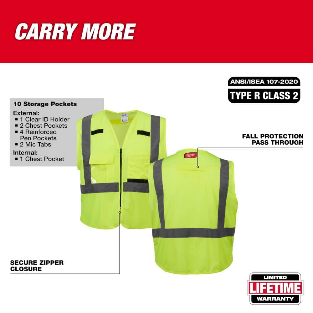 Milwaukee Large/XL Yellow Class 2 High Visibility Safety Vest, 10 Pockets + Clear Anti‑Scratch Safety Glasses