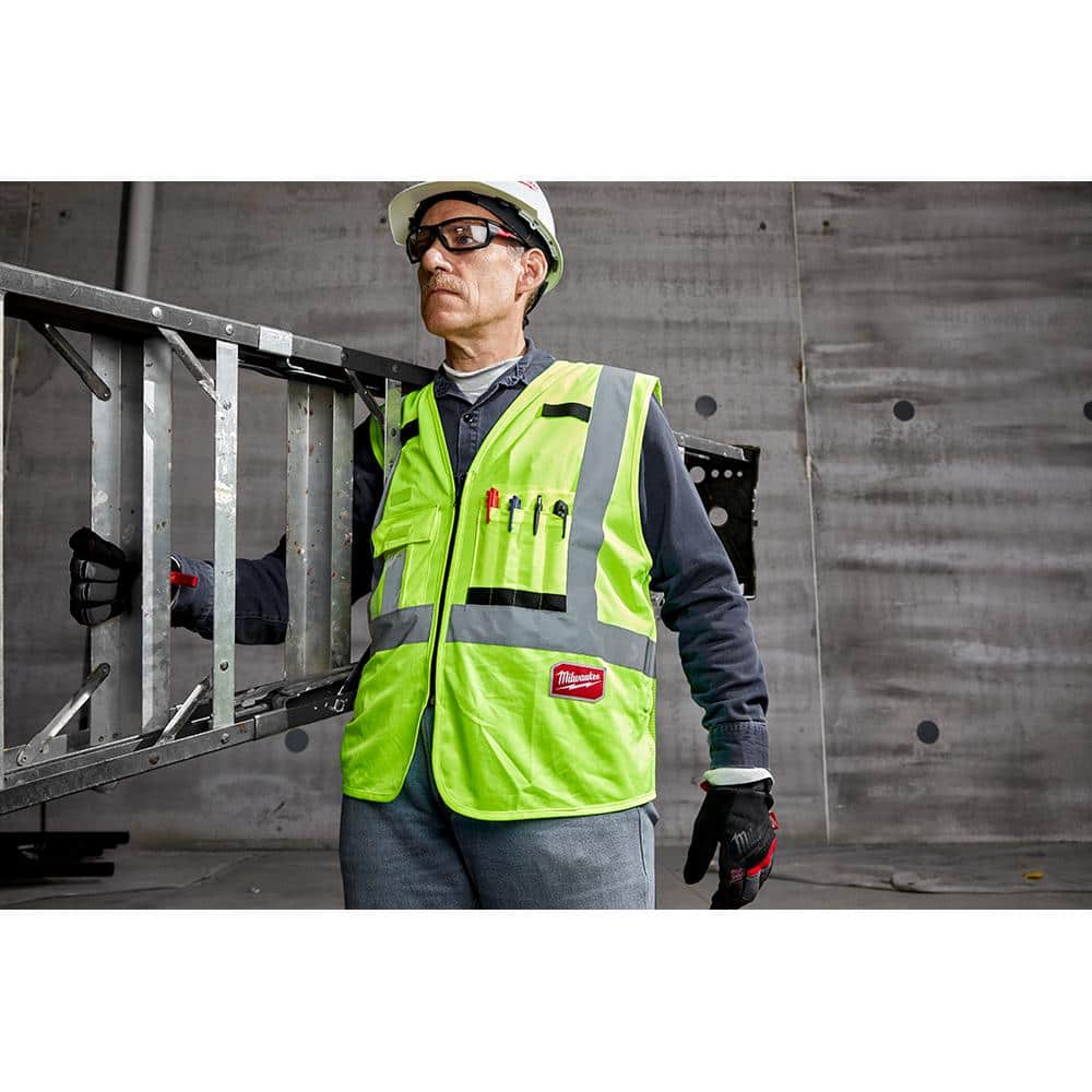 Milwaukee Large/XL Yellow Class 2 High Visibility Safety Vest, 10 Pockets + Clear Anti‑Scratch Safety Glasses
