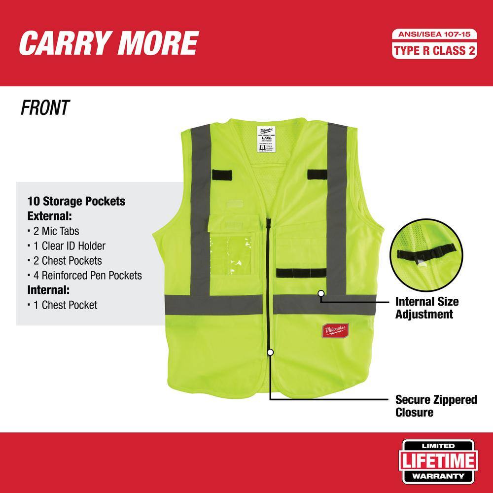 Milwaukee Large/X-Large Yellow Class 2 High-Visibility Safety Vest with 10 Pockets (12-Pack)