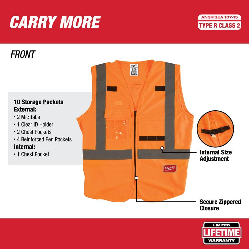Milwaukee 2X-Large/3X-Large Orange Class 2 High-Visibility Safety Vest with 10 Pockets (12-Pack)