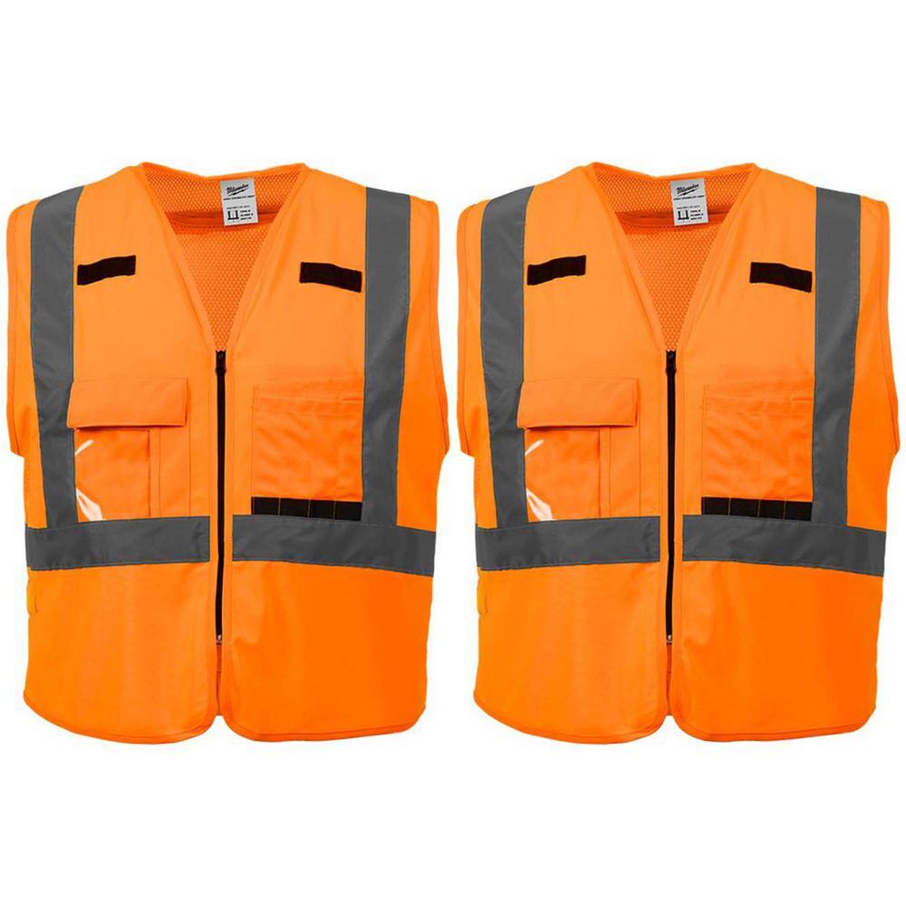 Milwaukee 4X-Large/5X-Large Orange Class 2 High-Visibility Safety Vest, 10 Pockets, Zipper Closure (2-Pack)
