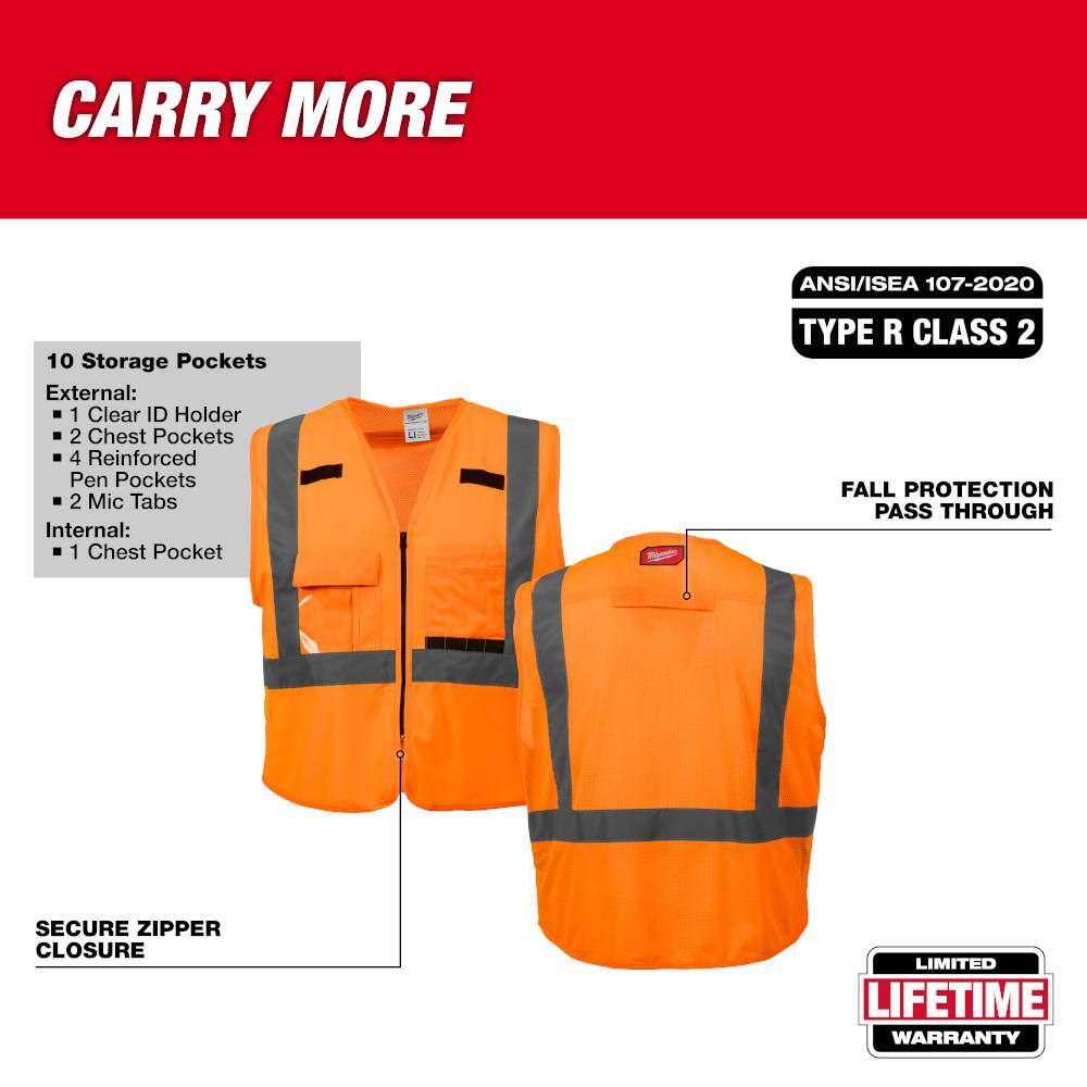 Milwaukee Small/Medium Orange Class 2 High Visibility Safety Vest with 10 Pockets (2-Pack)