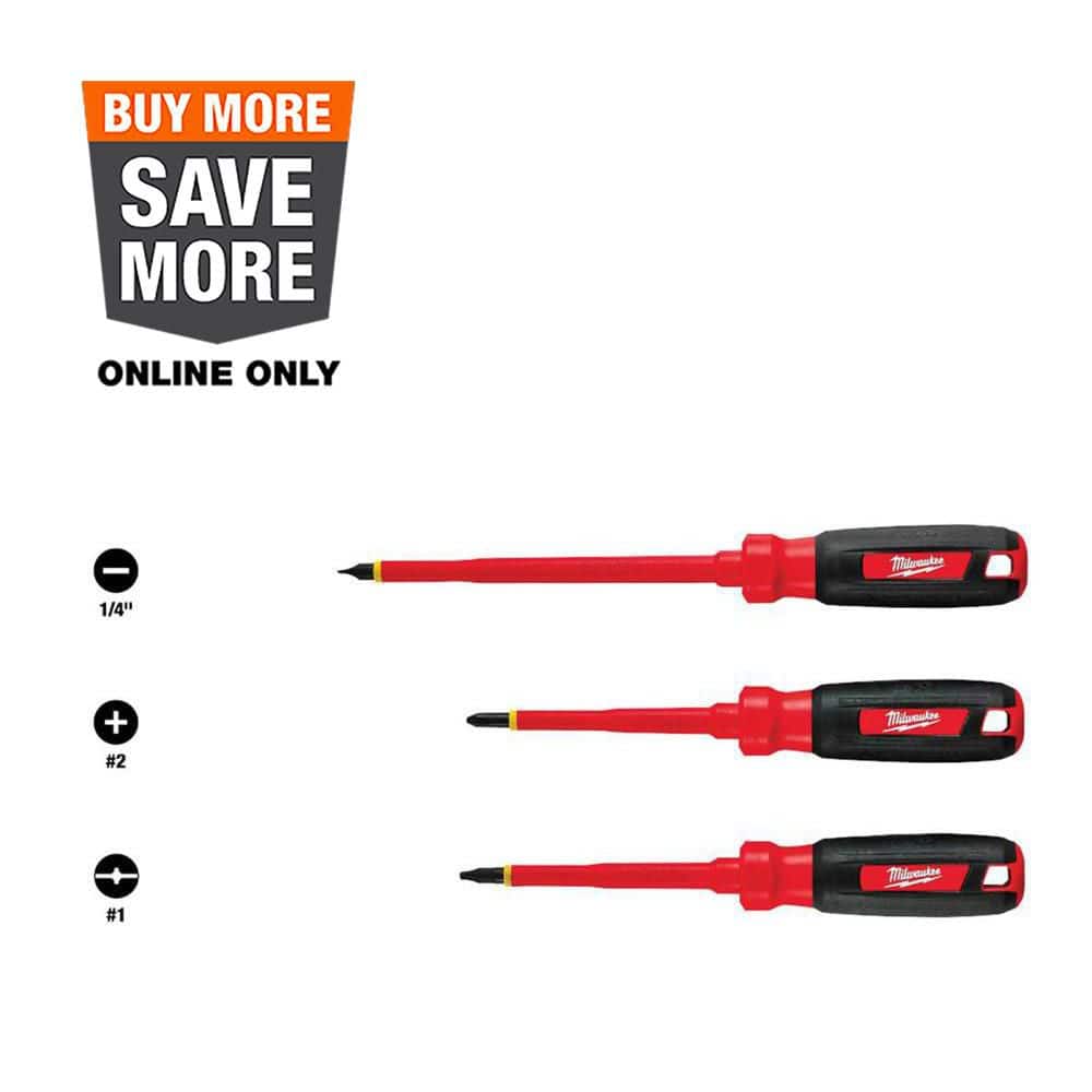 Milwaukee 48-22-2202 1000-Volt Insulated Screwdriver Set, 3-Piece (Slotted 1/4" x 6", Phillips #2 x 4", ECX #1 x 4")