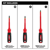 Milwaukee 48-22-2202 1000-Volt Insulated Screwdriver Set, 3-Piece (Slotted 1/4" x 6", Phillips #2 x 4", ECX #1 x 4")