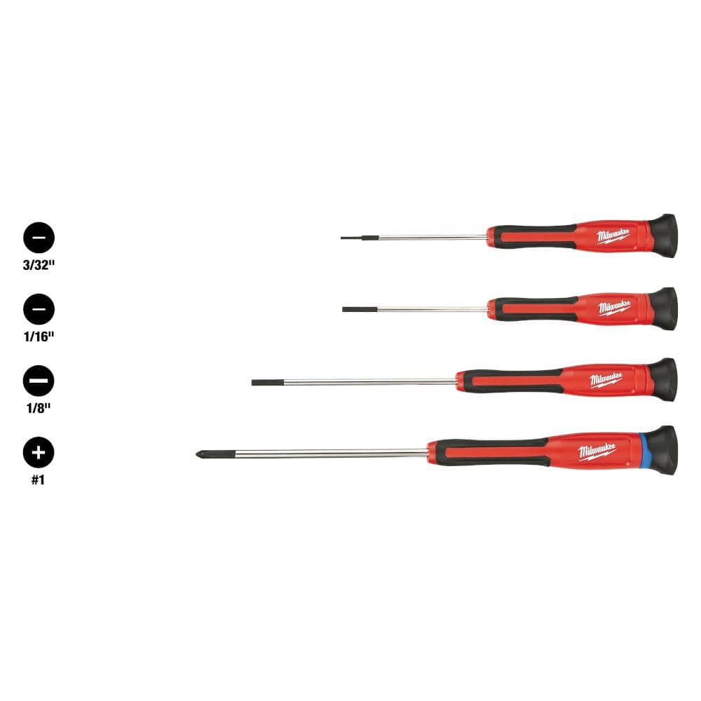 Milwaukee 4-Piece Precision Screwdriver Set, Phillips #1 & Slotted 1/8", 3/32", 1/16"