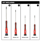 Milwaukee 4-Piece Precision Screwdriver Set, Phillips #1 & Slotted 1/8", 3/32", 1/16"