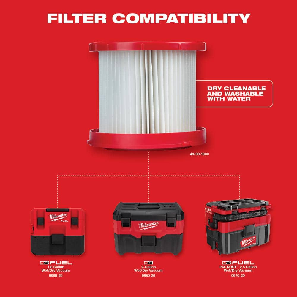 Milwaukee M18/M12 HEPA Wet/Dry Vacuum Filter, 1-Pack (Fits 0880-20, 0960-20, 0970-20)