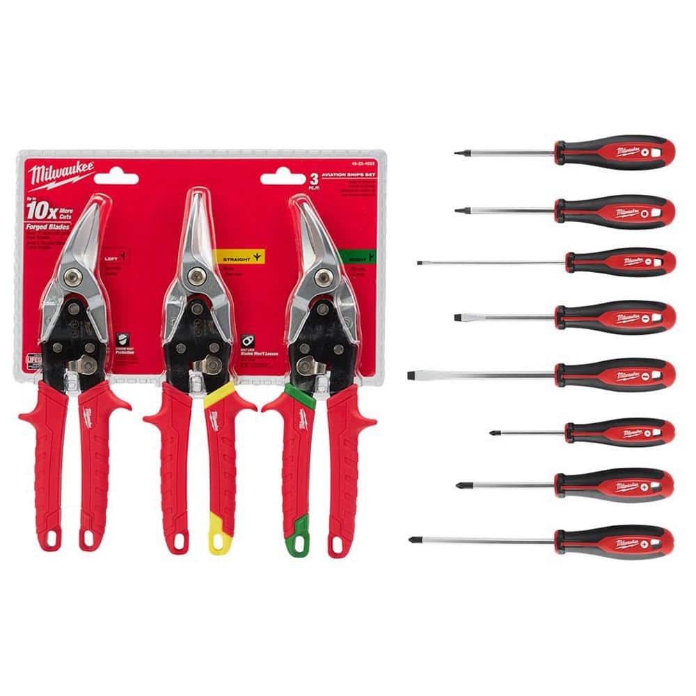 Milwaukee Straight-Cut Offset Aviation Snip 3-Pack with Screwdriver Set, 8-Piece