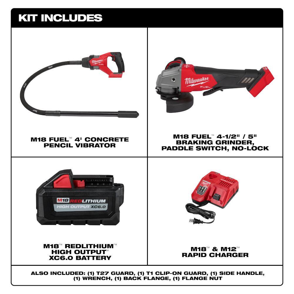 Milwaukee M18 FUEL 18V Brushless Cordless 4 ft. Concrete Pencil Vibrator Kit with 6.0Ah Battery & M18 FUEL Grinder