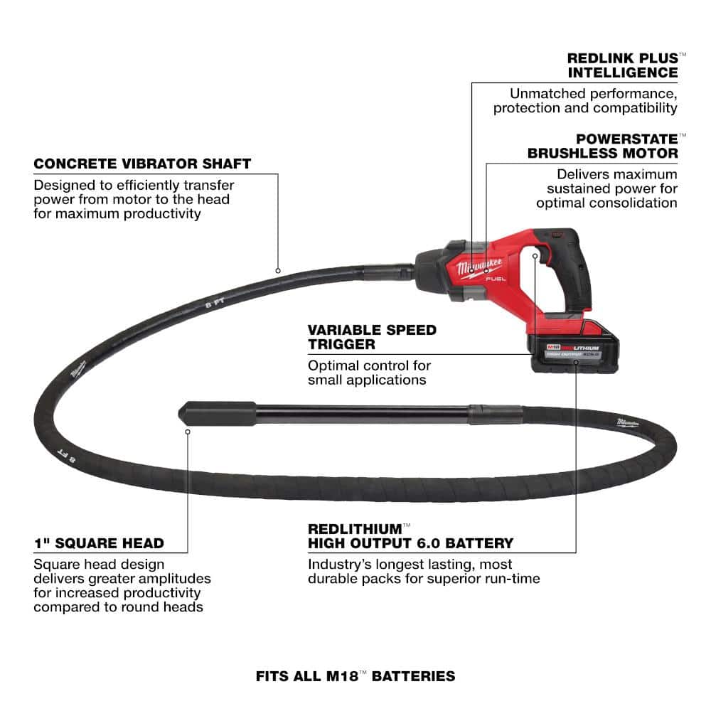 Milwaukee M18 FUEL 18V Brushless 8 ft. Concrete Pencil Vibrator Kit with HIGH OUTPUT XC6.0 Battery, Rapid Charger & M18 FUEL Grinder