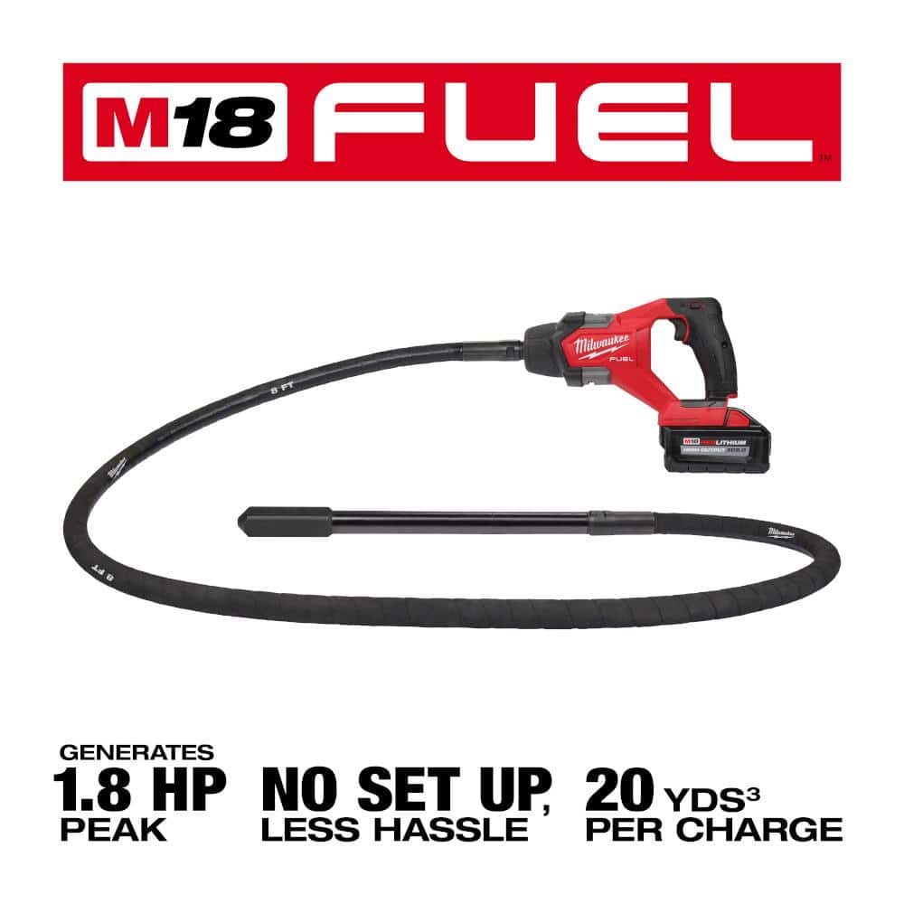 Milwaukee M18 FUEL 18V Brushless 8 ft. Concrete Pencil Vibrator Kit with HIGH OUTPUT XC6.0 Battery, Rapid Charger & M18 FUEL Grinder
