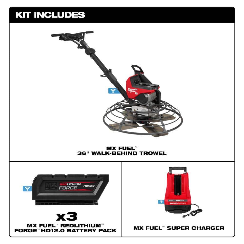 Milwaukee MX FUEL Lithium‑Ion Cordless 36 in. Walk-Behind Trowel Kit with (3) FORGE HD12.0 Batteries and (1) MX FUEL Super Charger