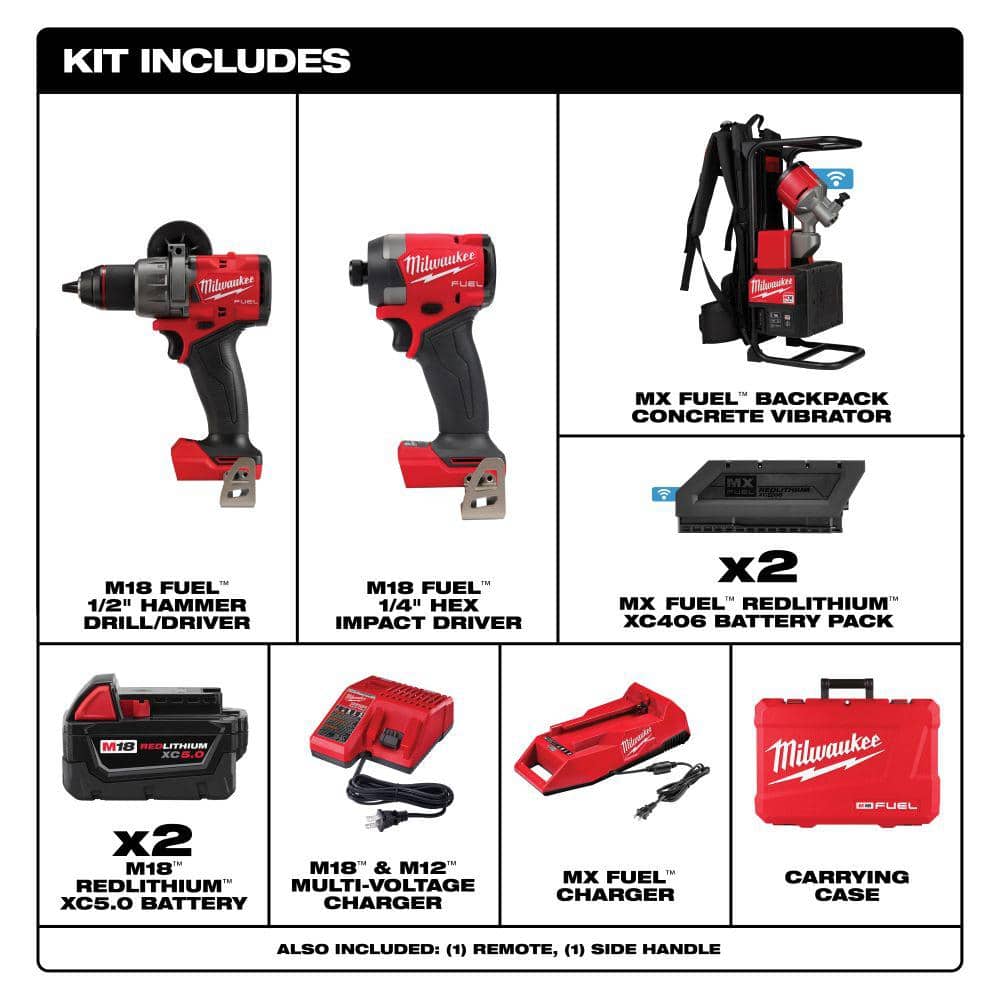 Milwaukee MX FUEL Lithium‑Ion Cordless Concrete Vibrator Kit with M18 FUEL Hammer Drill/Impact Driver Combo (Model MXF371-2XC-3697-22)