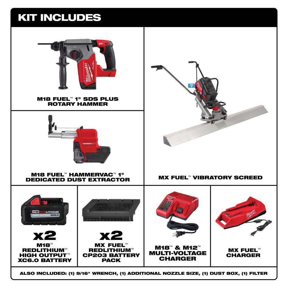 Milwaukee MX FUEL Cordless Vibratory Screed Kit with M18 FUEL 1 in. SDS‑Plus Rotary Hammer & Dust Extractor (MXF381-2CP/2912-22DE)